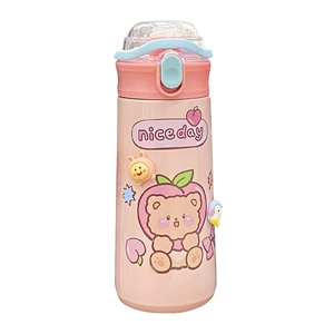 Pink cartoon stainless steel insulated water bottle with bear print and straw
