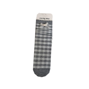 Gray plaid crew socks for women featuring a delicate white ribbon bow and cotton blend