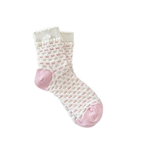 Pink and white Japanese style mid-calf socks with textured plaid knit and button detail