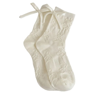 Japanese style cream white crew socks with 3D bear pattern and silk satin bow detail