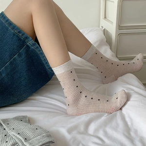 Close-up of breathable mesh crew socks with black polka dots and white ribbed cuffs