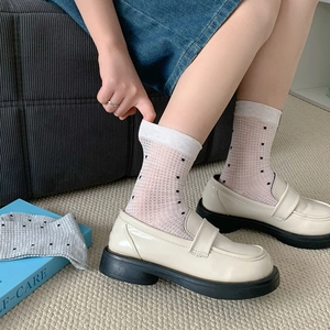 Close-up of white semi-transparent polka dot mesh socks paired with glossy patent loafers