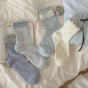 Chaussettes Mi-mollet Pour Femmes En Mélange De Coton Style Japonais Doux À Volants Bordure Dentelle Pois Respirant