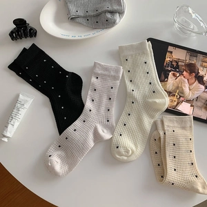 Detailed waffle texture of mid-calf socks with cute mini heart patterns in four colors