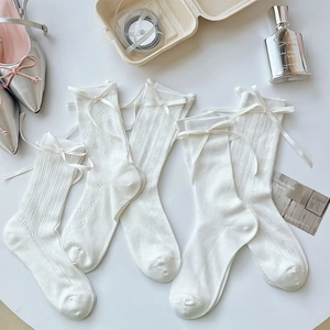 Women Crew Socks Cotton Knit Pointelle Hollow Out Ribbon Bow Japanese Sweet Lolita Style White