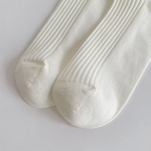 Close-up of white ribbed crew socks with premium vertical knit texture and clean finish
