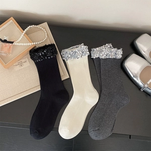 Sequin Cuff Mid Tube Socks Women Cotton Ribbed Knit Chic JK Style Glitter Trim Retro Korean Fashion Girls