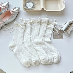 Set of five white lace bow socks featuring floral knit details and sweet lolita style