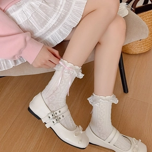 White Lolita lace crew socks featuring pink ribbon bows and delicate ruffle hem details
