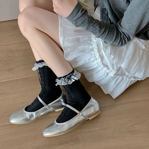 Lolita black lace knee-high socks with white frills and bows with silver Mary Janes