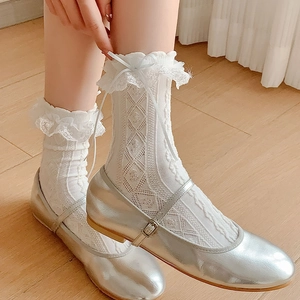 Lolita Mid-Calf Socks Lace Trim Ribbon Bow Hollow Out Knit Sweet Japanese Style Cotton Hosiery For Women