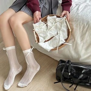 Japanese style white lace mesh crew socks with delicate ribbon bows for women