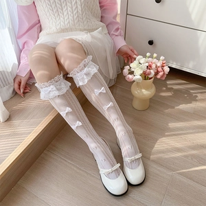 Women Mid Calf Socks Lace Trim Hollow Heart Pattern Bowknot Nylon Lolita Japanese Style Sweet Breathable Hosiery