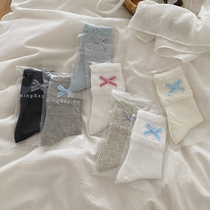 Women Mid Calf Crew Socks Cotton Blend Plaid Bow Tie Ruffle Lettuce Edge Japanese JK Style Sweet Korean Ins Fashion
