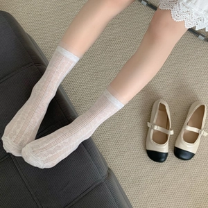 Détail de la texture maille ajourée en dentelle blanche sur chaussettes mi-mollet respirantes