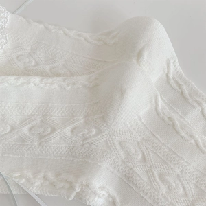 Detailed macro view of white Lolita lace socks with intricate hollow-out jacquard texture