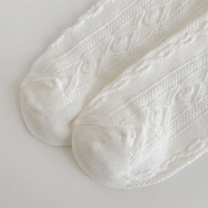 Detail of white Lolita socks featuring intricate cable knit and diamond eyelet lace patterns