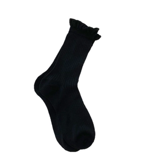 Classic black mid-calf cotton socks with ribbed texture and elegant ruffled lace trim edges