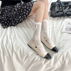 Japanese style white bow mesh socks paired with vintage beige Mary Jane flat shoes