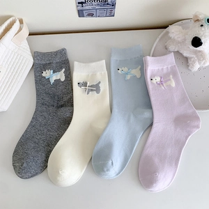 Calze Al Polpaccio Misto Cotone Ricamo Cane Fiocco 3D Stile Giapponese Kawaii Traspirante Costine