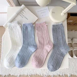 Women Mid Calf Cotton Socks With Heart Jacquard Pattern Lace Trim And Faux Artificial Pearl Decoration Sweet Style Fashion Hosiery