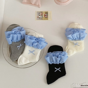 Calze Alla Moda Cotone A Coste Gingham Polsino Con Volant Fiocco Stile JK Dolce Per Donna
