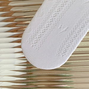 Macro detail of white lace hosiery featuring hollow heart patterns and knitted texture
