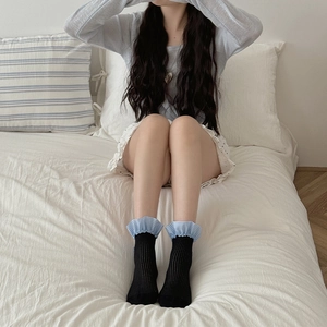 Calze a coste nere con volant vichy blu per donna in dolce stile coreano