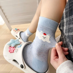 Chaussettes mi-hautes bleues à mouchetures avec broderie chiot mignon pour femmes