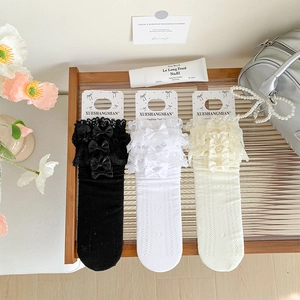 Lace ruffle high socks with bows and hollow heart pattern in three soft colors