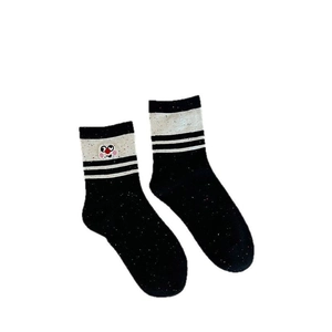 Japanese style cute smiley face embroidery cotton socks with white stripes on black