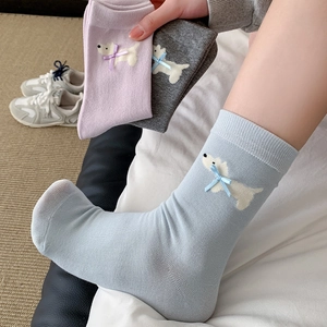 Calze carine con ricamo a cucciolo e fiocchi di nastro in viola pastello, blu e grigio