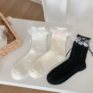 Lace trim ankle socks with ribbon bows and diamond pattern in white, cream, and black