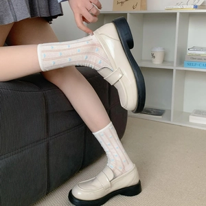 Sweet pink striped heart socks with off-white platform loafers in Japanese style