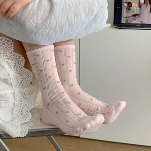Pink heart pattern socks with vertical stripes, styled for daily sweet casual wear