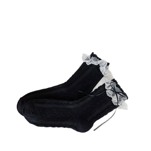 Lolita style black knee high socks with white lace trim and black silk ribbon bow