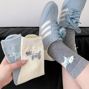 Calze carine con fiocco e cucciolo blu e grigio, calzettoni alla moda in maglia da donna