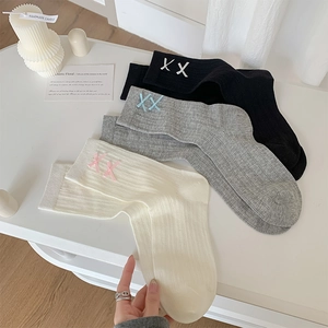 Detailed knit texture and ribbon bows on black, grey and cream crew socks set