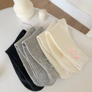 Detail of knit socks featuring cute pink bows and textured vertical ribbed patterns