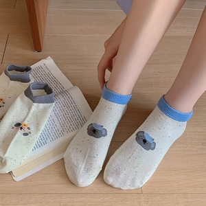 Japanese style low-cut ankle socks with colorful dots and cute blue cartoon koala pattern