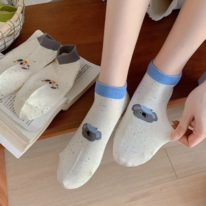 Close-up of cute cartoon koala cotton ankle socks with colorful dot patterns and ribbed cuffs