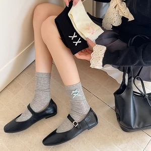 Japanese ballet style mid-calf cotton socks with ribbon embroidery for school uniform