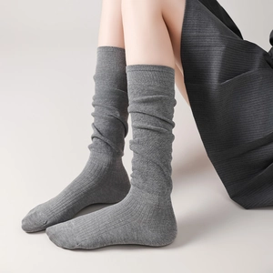 Japanese style gray slouch socks for women in soft knitted cotton blend with ribbed texture
