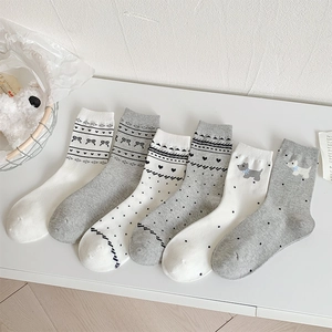 Women Cotton Mid Calf Crew Socks Breathable Heart Bow Cute Dog Embroidery Japanese Academy Style Soft Knit Hosiery