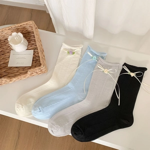 Mid Calf Socks Women Cotton Cable Knit Ribbon Bow Flower Sweet Japanese Style Lolita Breathable Soft