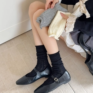 Hollow mesh breathable crew socks for women in black grey and beige knit cotton