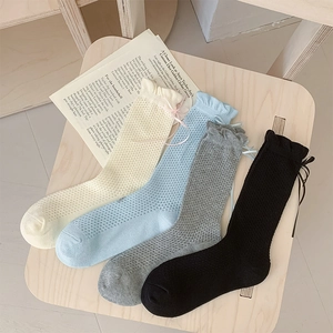 Chaussettes Mi-Mollet Douces Pour Femmes En Coton Maille Ajourée Respirant Décoration Nœud En Ruban Style Coréen Lolita