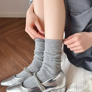 Sweet light gray mesh hollow-out crew socks with silver rhinestone Mary Jane shoes