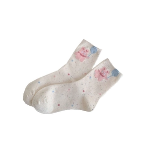 Japanese style crew socks with cute bear balloon print and colorful speckled dots