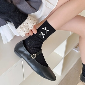 Japanese ballet style bow socks with black leather Mary Jane shoes for JK school outfits